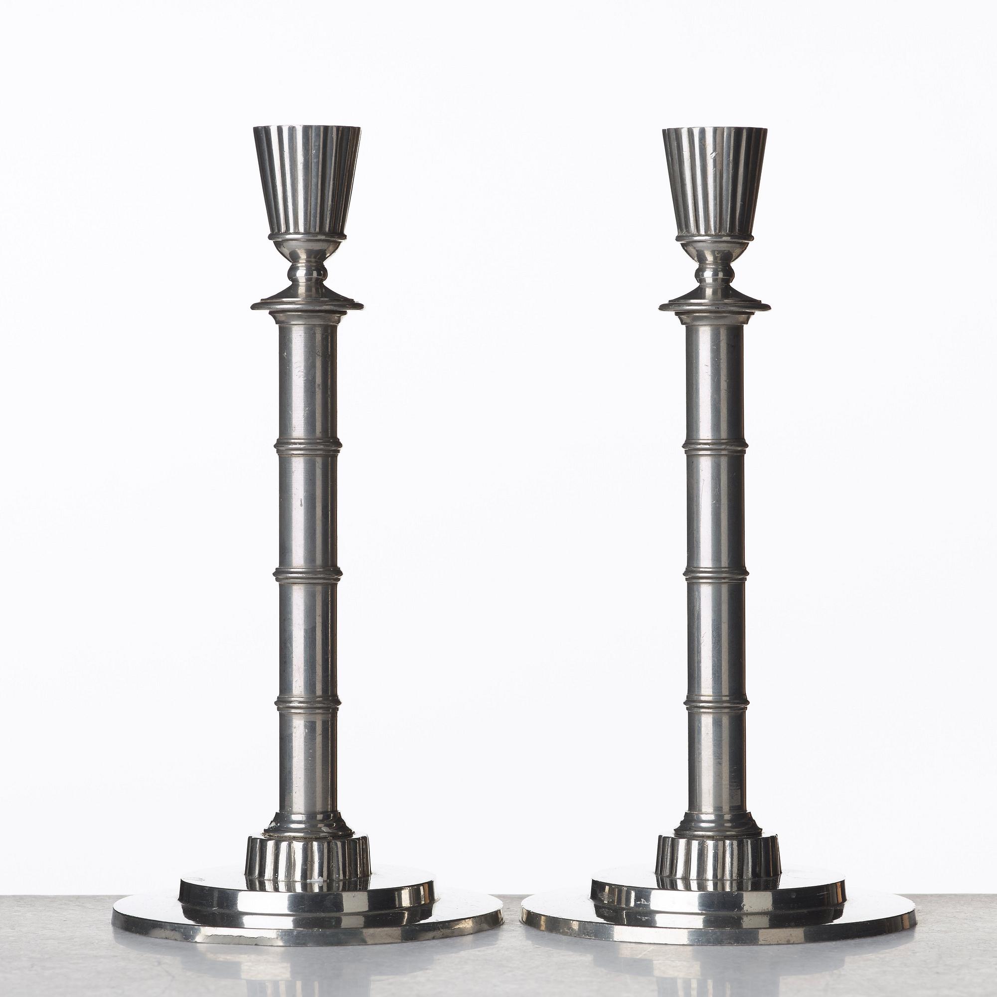 Erik Fleming, a pair of pewter candlesticks, Norrahammars tenn, Sweden 1930.