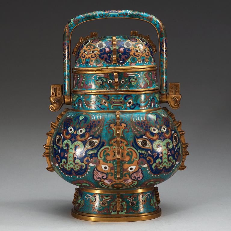 A archaistic shaped cloisonne jar with cover, Qing dynasty.