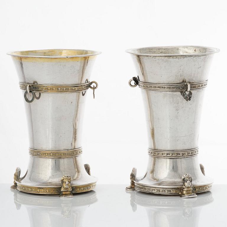 A pair of Swedish mid 18th century parcel-gilt silver beakers, mark of Laurens Stabeus, Stockholm 1751.