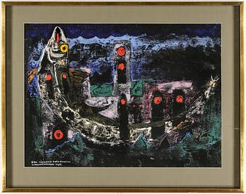 Lambert Werner · LAMBERT WERNER, "Den sjukna katedralen", gouache med collage, signerad, daterad 1983