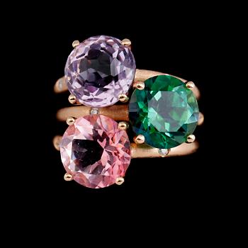 RINGAR,  3 st, 18 k roséguld, diamanter tot ca 0.10 ct, grön topas, ametist samt rosa kvarts.