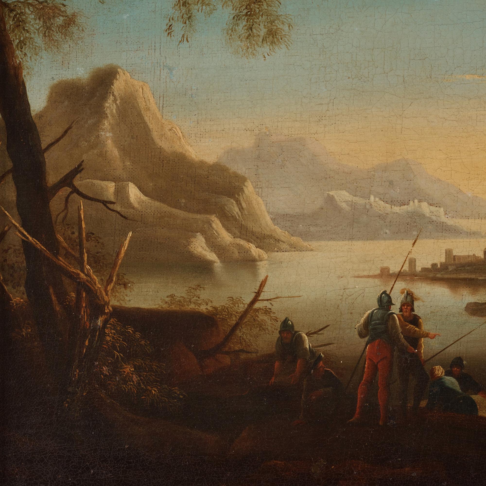 Bergslandskap med figurer vid vatten.