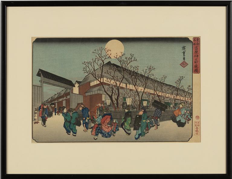 Ando Utagawa Hiroshige, after, three woodblock prints from two series, 20th century.