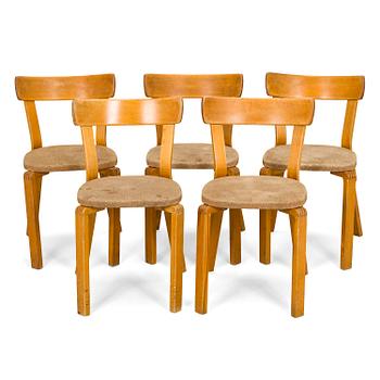 Alvar Aalto, stolar, 5 st, modell 69, O.Y. Huonekalu- ja Rakennustyötehdas A.B. 1940-tal.