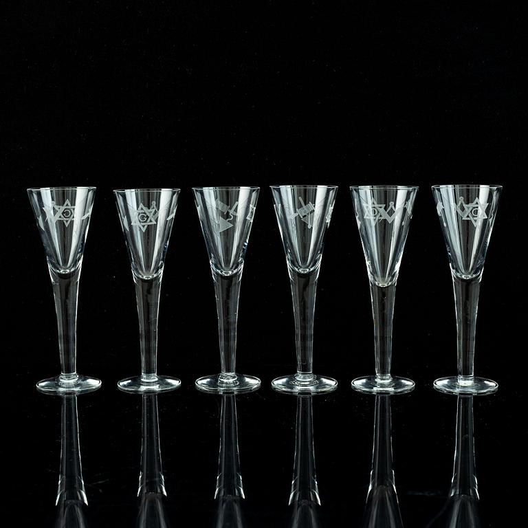 A set of six freemason glasses, 20th century.