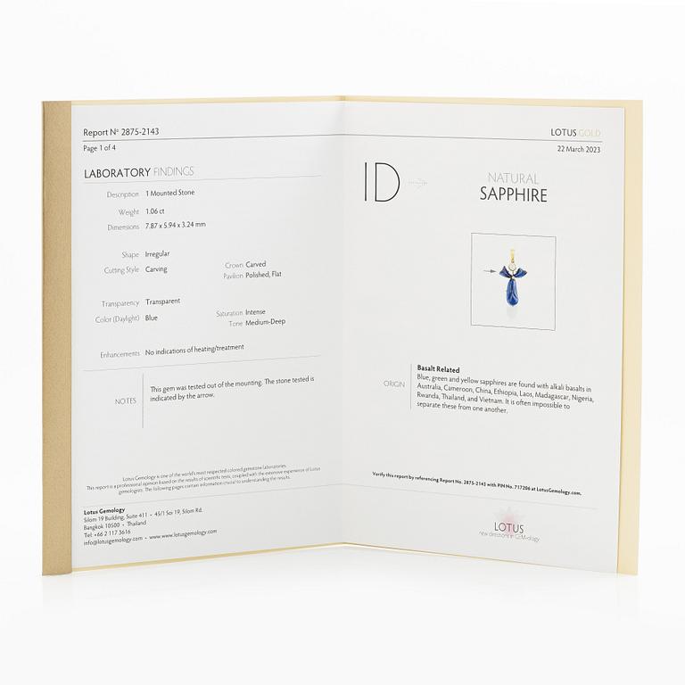 Pendant, 18K gold with carved sapphires, white sapphire, and a small rose-cut diamond.