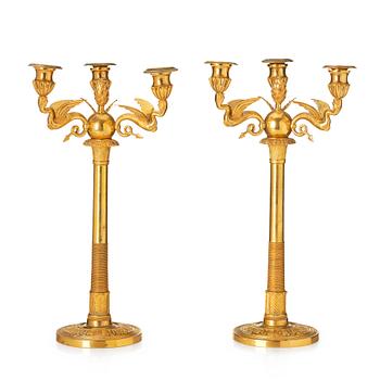 147. A pair of three-branch Empire-style ormolu candelabra, 19th century.