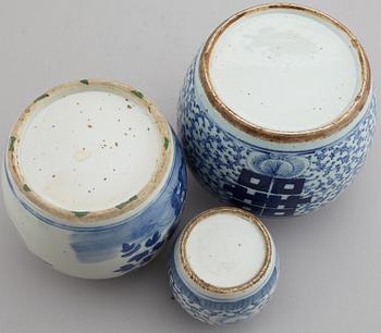 A set of three odd blue and white jars, late Qing dynasty, 19th Century.