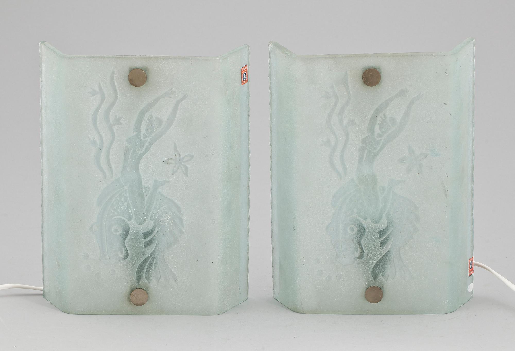 VÄGGLAMPETTER, ett par, glas, Glössner & Co, Stockholm, 1940/50-tal.