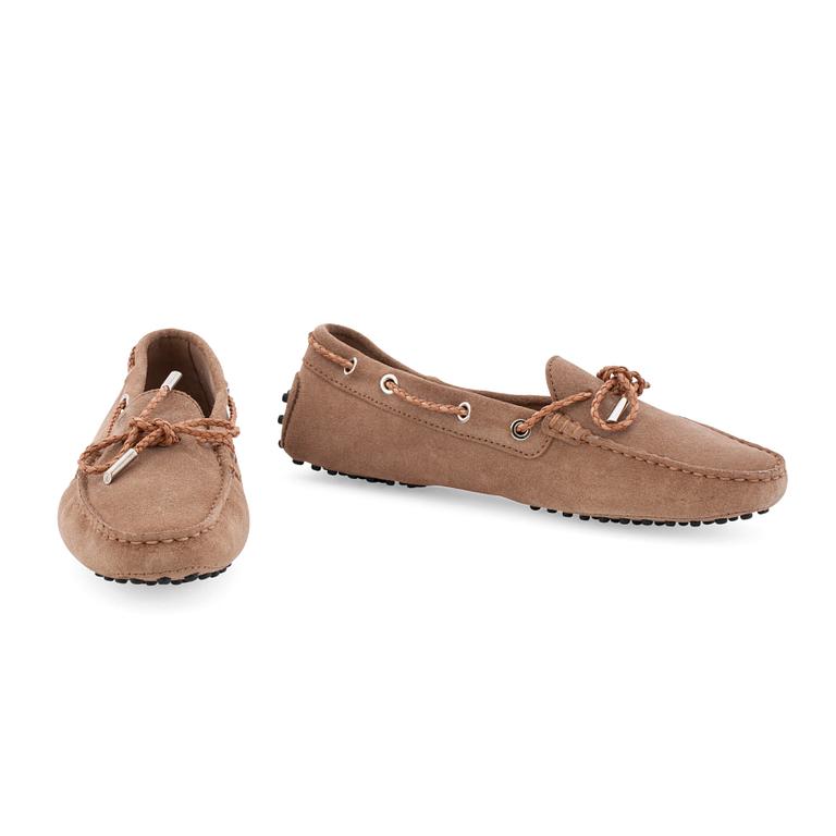 TOD'S, a pair of beige suede loafers.