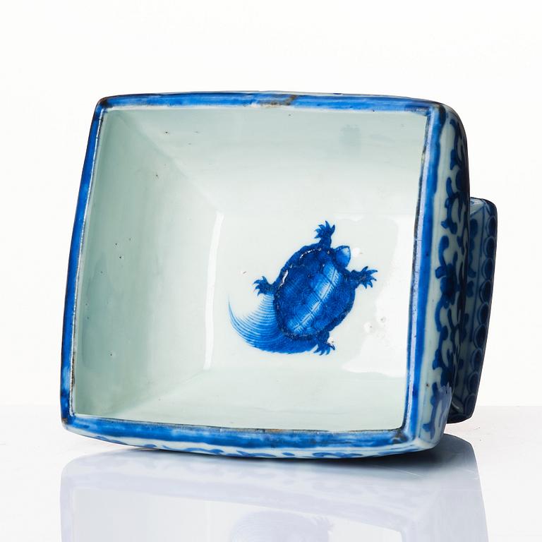 A blue and white bowl with a turtle, possibly 17th Century.