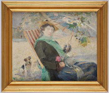 Ernest Borough-Johnson, Translation: "Seated woman with parasol and dog".