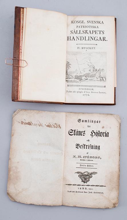 BOK: Kongl Svenska Patriotiska Sällskapets Handlingar, IV stycket samt Samlingar til Skånes Historia...NH Sjöborg, 1801.