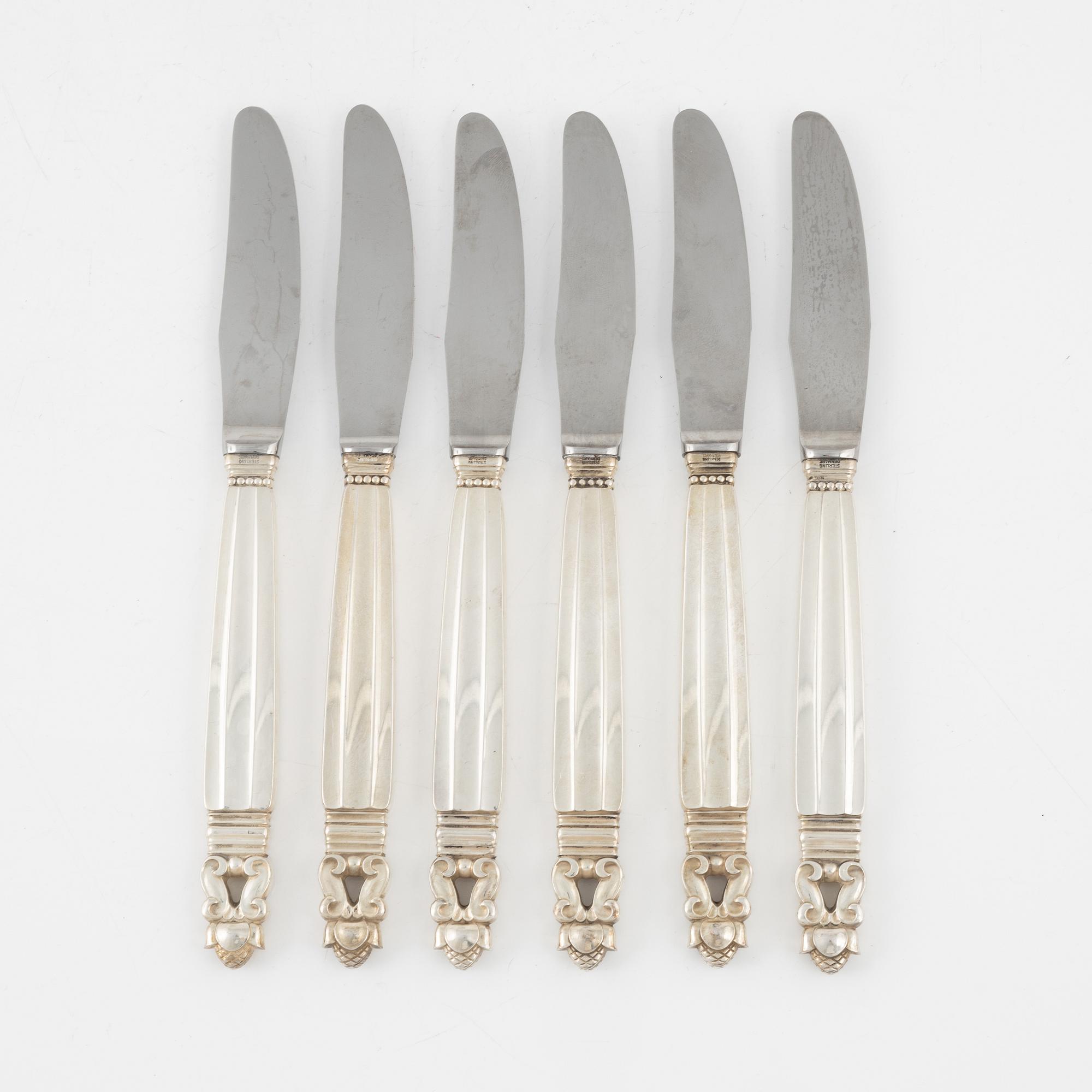Johan Rodhe, knivar, 6 st, sterlingsilver, "Konge/Acorn", Georg Jensen, Danmark, efter 1945.