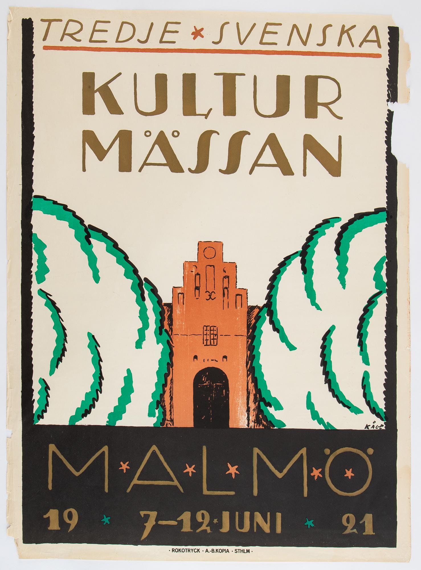 Wilhelm Kåge, litografisk affisch, "Kulturmässan Malmö", Rokotryck, A.-B. Kopia, Sthlm, 1921.