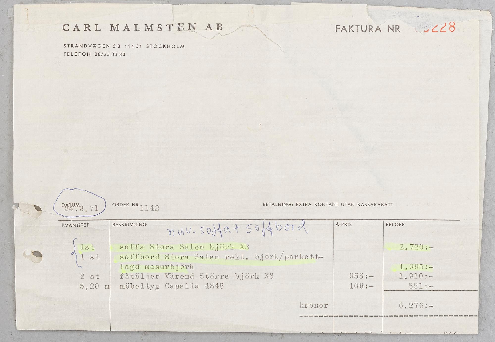 Carl Malmsten, a 'Stora Salen' coffee table, Sweden, 1970's.
