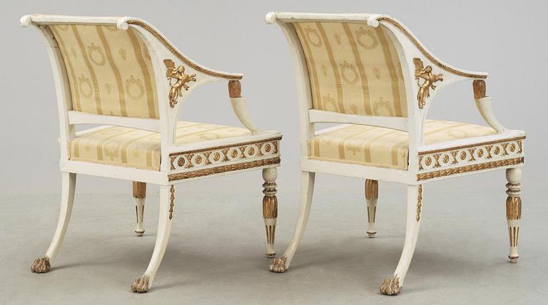 A pair of late Gustavian early 19th century armchairs.