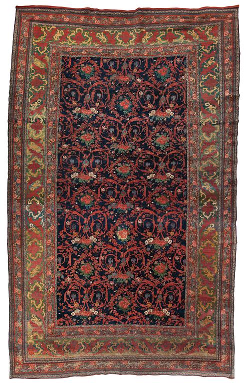 CARPET. Antique Bidjar. 578 x 355 cm, plus one end has 3 cm red flatweave, one has 1,5 cm.