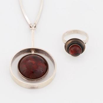 A Niels Erik From silver and amber necklace and ring.