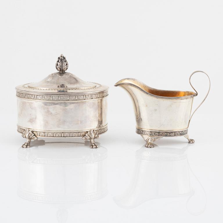 Jacob Engelberth Torsk, a Gustavian style silver creamer and sugar caddy, Stockholm, 1899.