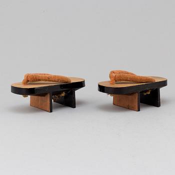 A pair of Japanese 'Geta' shows and two Chinese pouches, early 20th century.