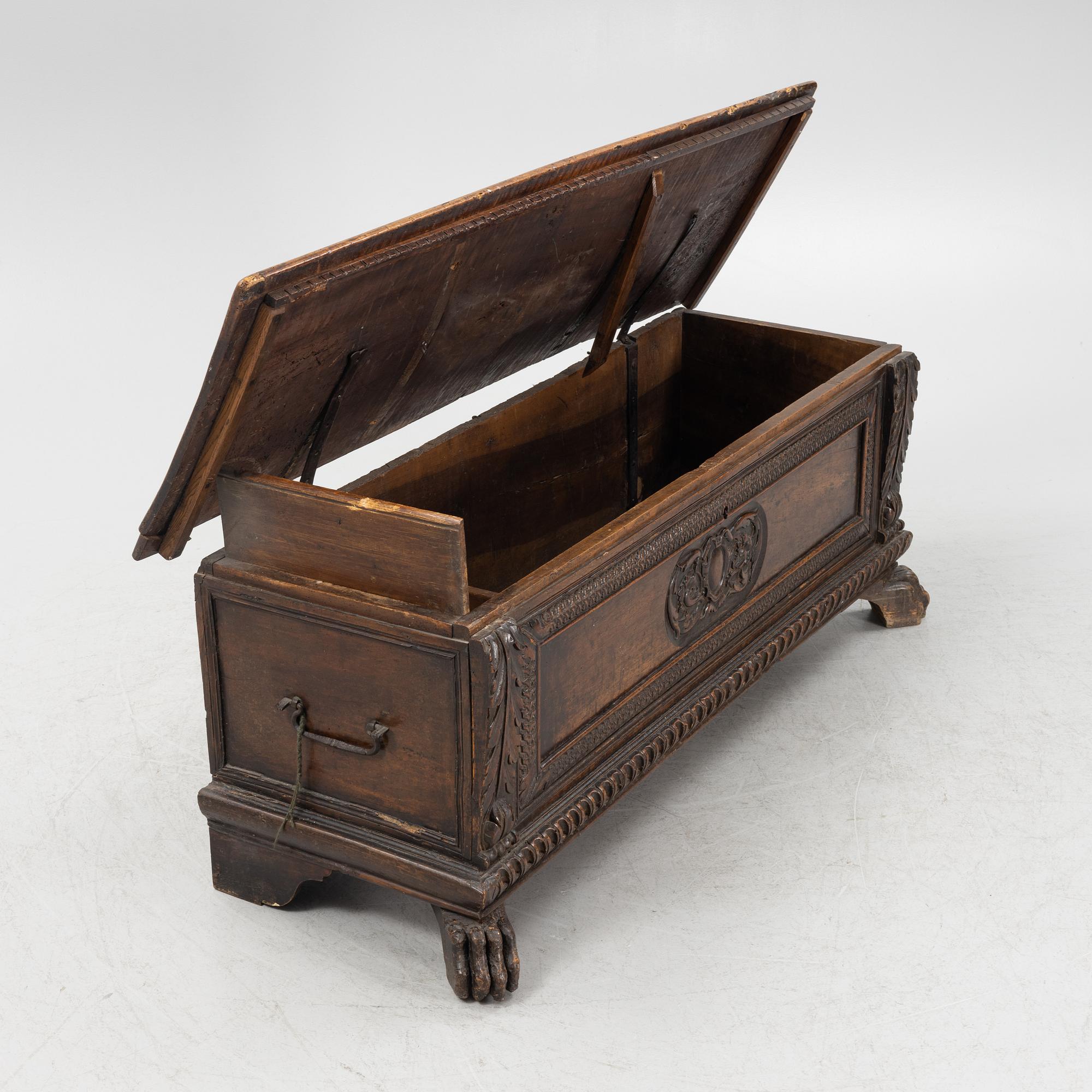 A renaissance style cassone, 19th century with older parts.