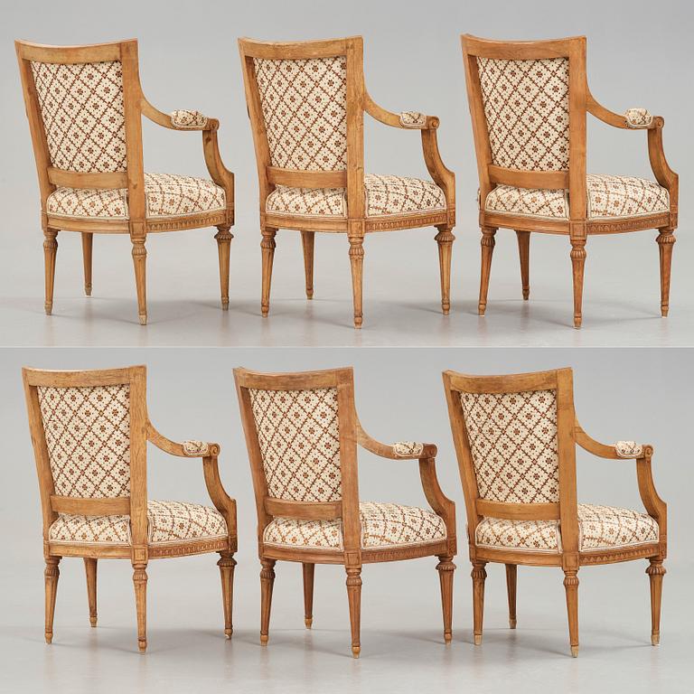 Six Gustavian late 18th century armchairs by Johan Lindgren, master in Stockholm 1770-1800.