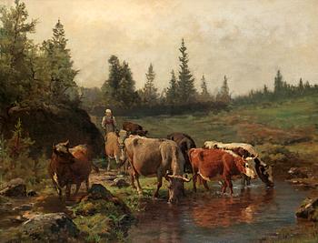 194. Anders Askevold, Landskap med kor vid vattendrag.
