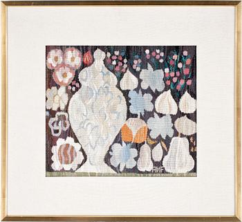 TEXTILE. "Kruka och Frukter". Tapestry weave (gobelängteknik). Ca 50,5 x 57 cm. Signed AMF.