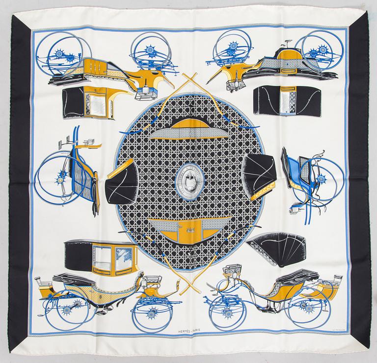 Hermès, a 'Les Voitures à Transformation' silk scarf.
