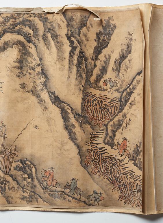 A Chinese hanging scroll, ink and color in silk, signed Shen Zhou (1427-1509), after, 20th century.