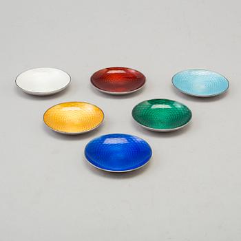 EGON LAURIDSEN, six sterling silver and enamel dishes, Denmark.