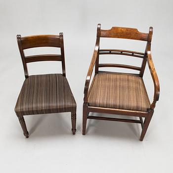 Matbord och 8 stolar, mahogny, tageltyg, England, 1900-talets första hälft.