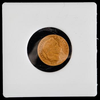 GULDMYNT, fem francs, Napoleon III, 1867. Vikt ca 1 gram.