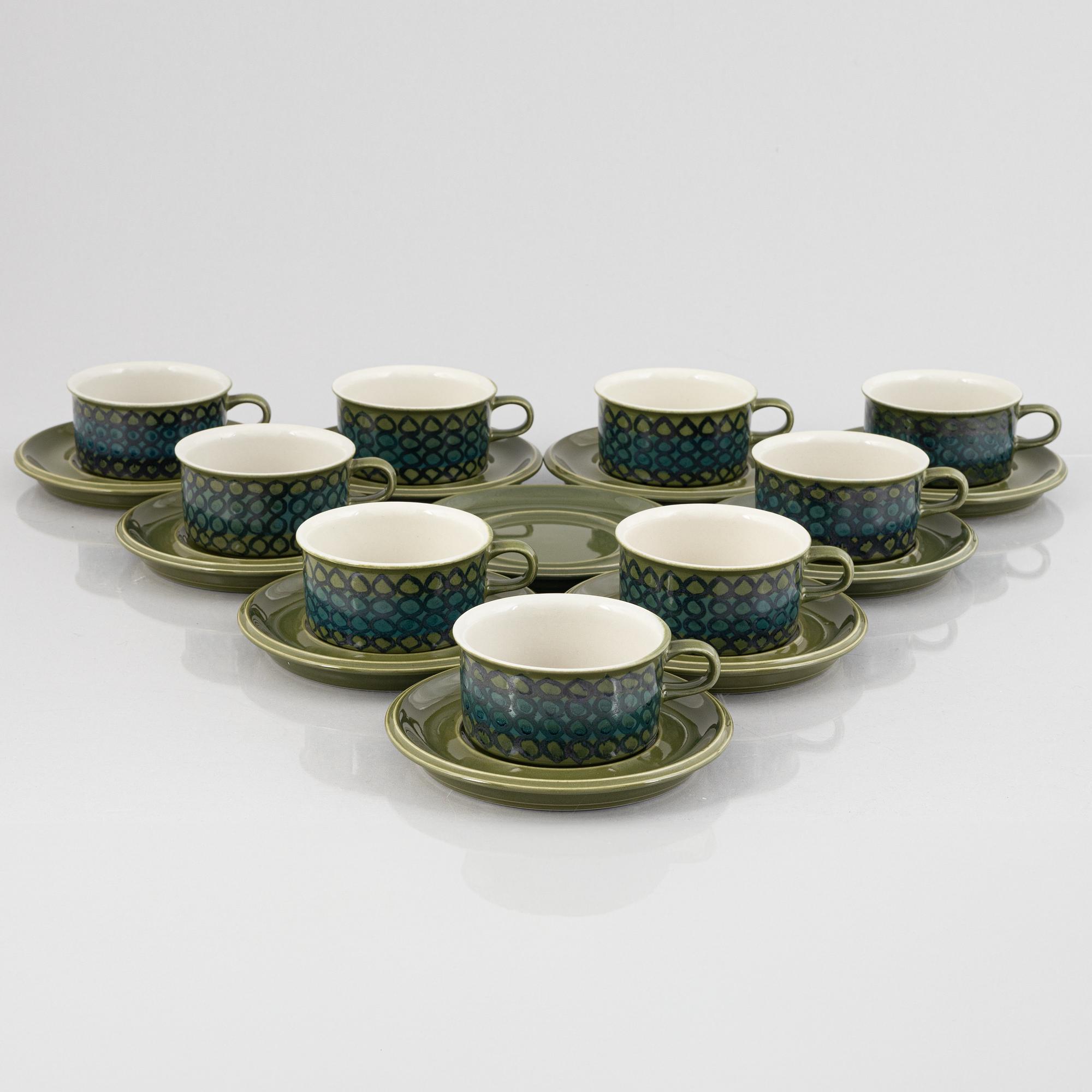 Hilkka-Liisa Ahola, tea pots with saucers, 9 pcs, stoneware, Arabia, 1960s.