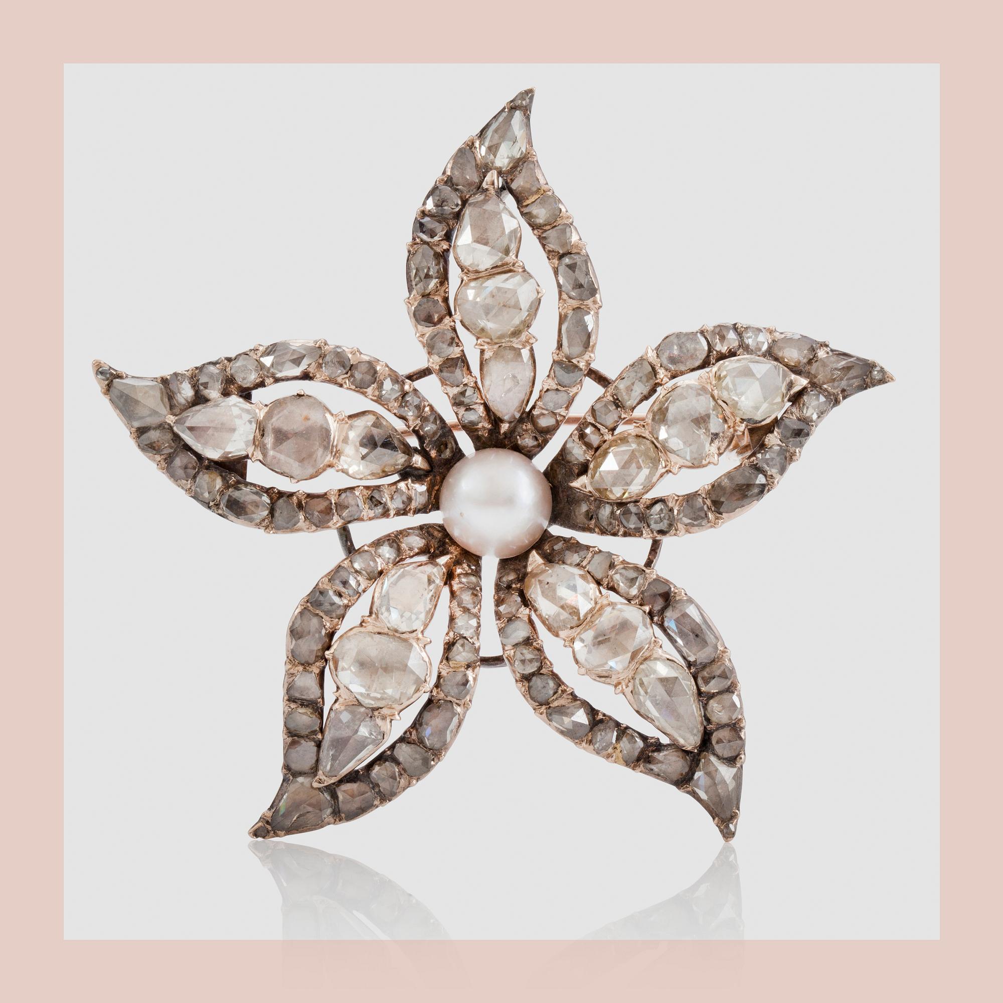 BROOCH with rose-cut diamond, ca 15ct and possibly natural pearl.