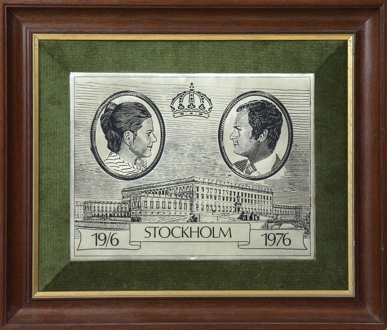 BRÖLLOPSPLAKETT, silver, "Konung Carl XVI Gustaf och Drottning Silvia".