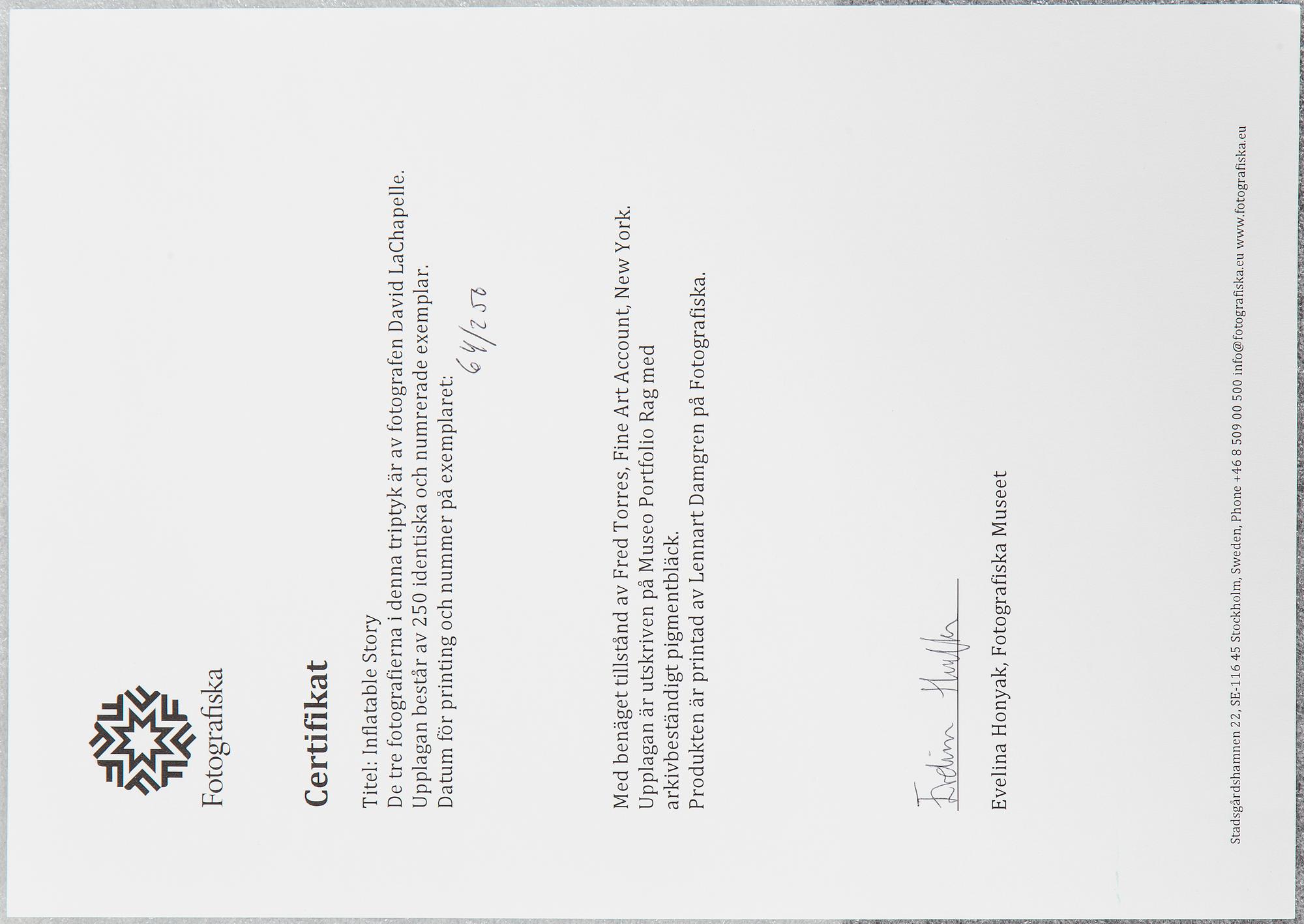 DAVID LACHAPELLE, triptyk, Fotografiska museet. Numrerade 64/250 på medföljande certifikat.