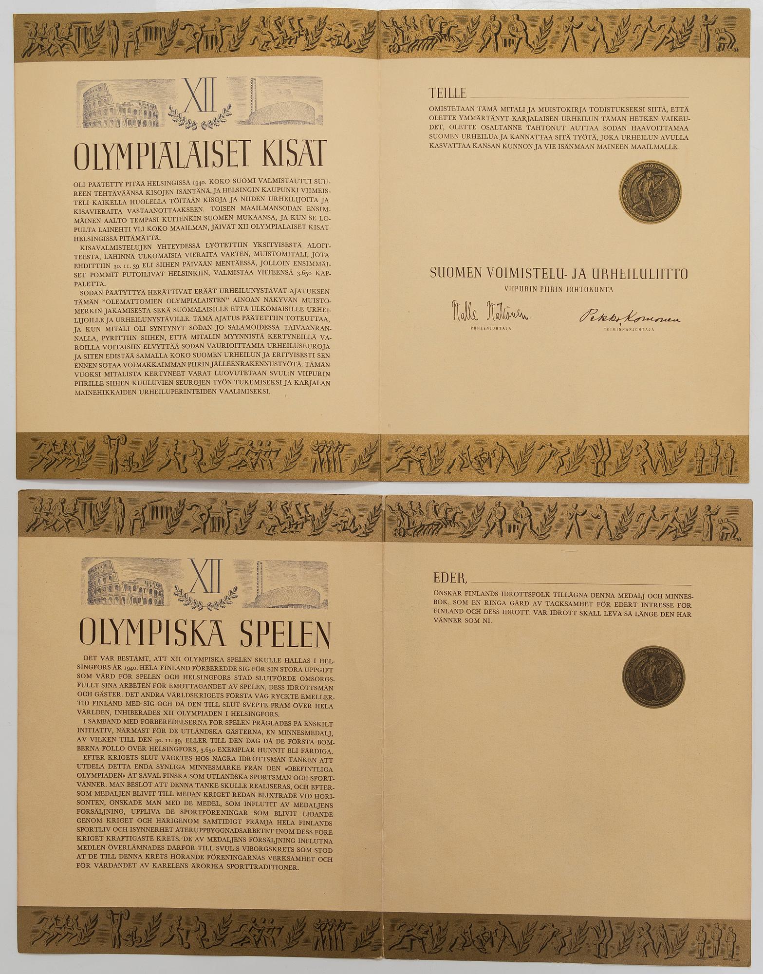 Commemorative medals in a box, 3 pcs, Olympic Games Helsinki 1940, Hopeatehdas Oy.