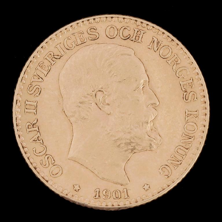 MYNT, 23k guld, 10 kronor, Oscar II, Sverige och Norge 1901. Vikt ca4,5g.