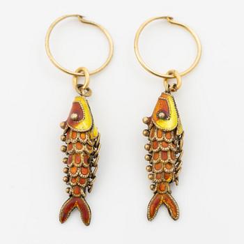Silver earrings with enamel in the shape of fish.