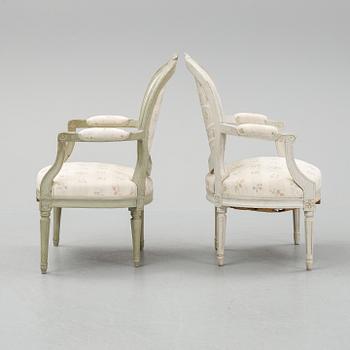 Two armchairs, gustavian and gustavian style, late 18th and early 20th century.