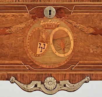 A Gustavian commode by Gottlieb Iwersson, signed and dated 1781, with the alliance crest of Lilliesvärd-Hummerhielm.