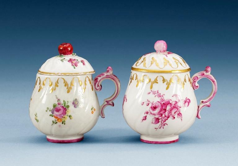 Two Marieberg soft paste custard cups with covers, 18th Century. (2).