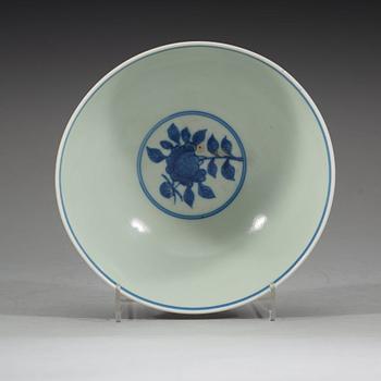 A blue and white bowl, late Qing dynasty with Jiajings six character mark.