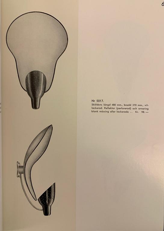 Carl-Axel Acking, a pair of wall lamps model number "5017", Bröderna Malmströms Metallvarufabrik, Malmö, 1940s.