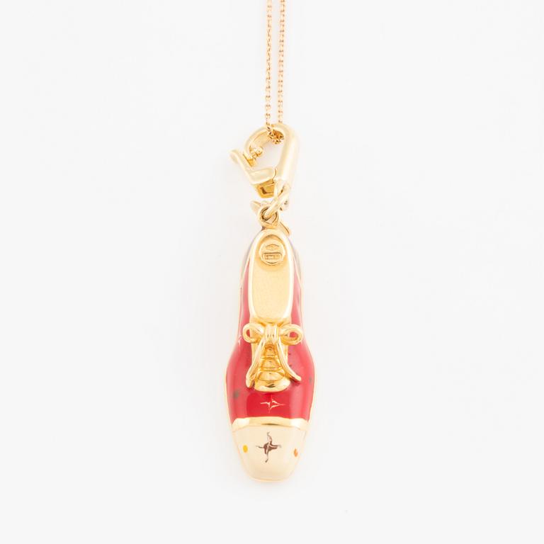Gold and enamel shoe pendant, with gold chain.