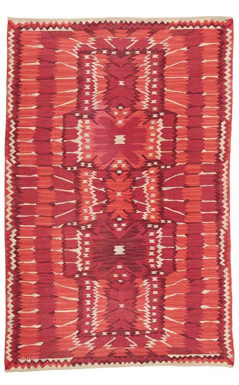 Barbro Nilsson, matto, "Strålblomman, röd", flat weave, ca 313,5-316 x 201,5-204,5 cm, signed AB MMF BN.