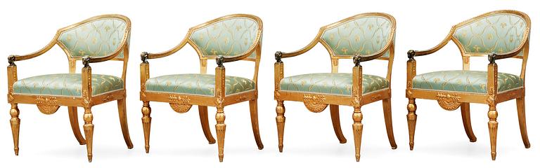 A late Gustavian early 19th Century seating, comprising seven parts (one sofa, four armchairs, two chairs).