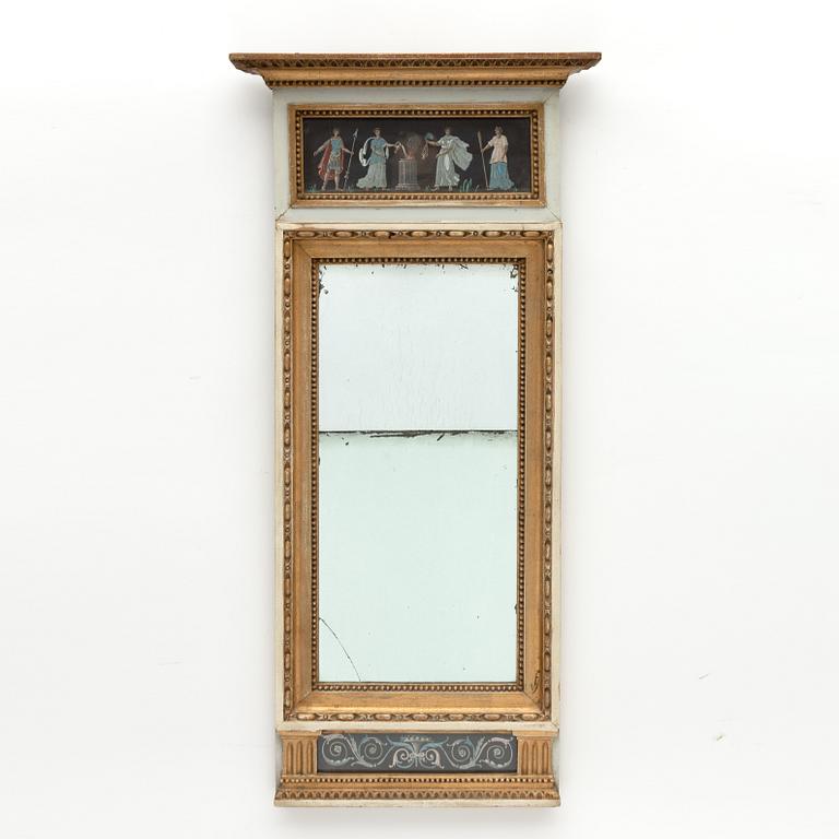 A late Gustavian giltwood and gouache-inset mirror, late 18th century.